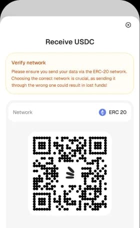 Receive USDC screen with a deposit QR code